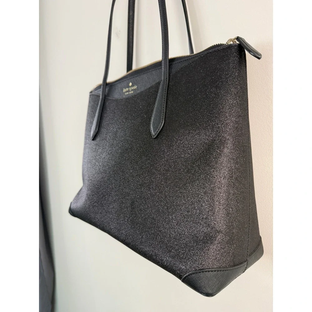 Kate Spade Tote Bag Shimmy Glitter Black Women Saffiano Leather Zip Shoulder Bag